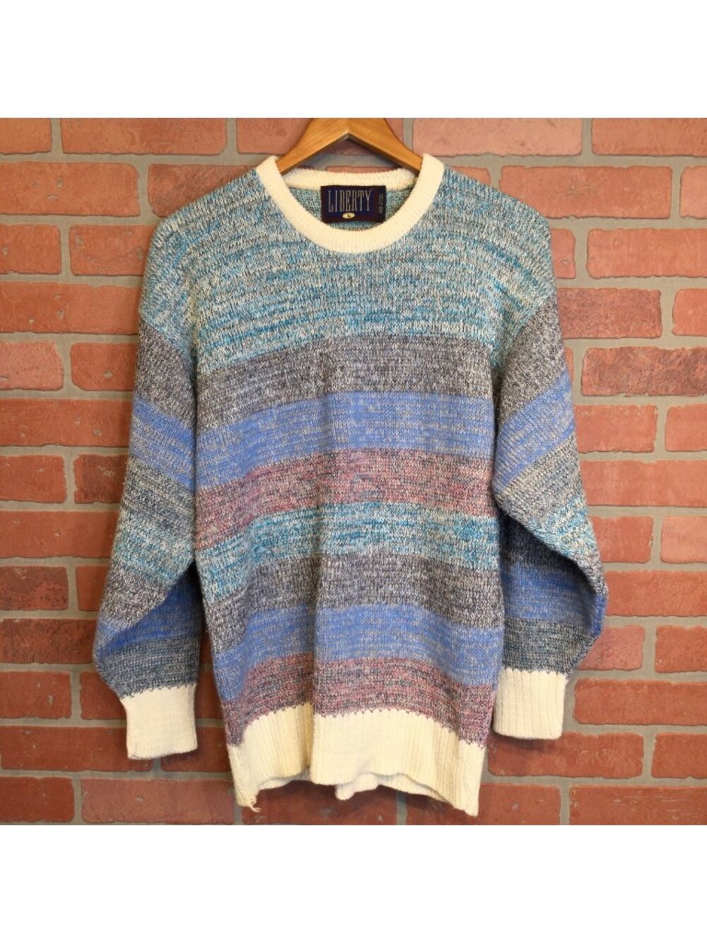 Vintage Liberty Striped Grandpa Sweater Size L Made in USA Preppy Crew Pullover